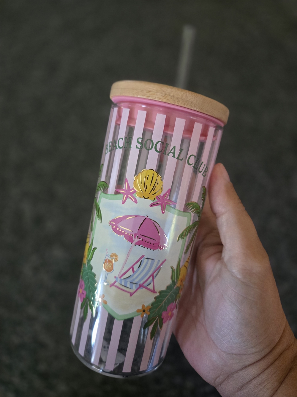 Pink Striped Tumbler with Bamboo Lid